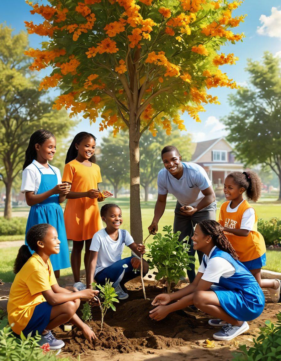 A heartwarming scene depicting diverse individuals engaging in various acts of philanthropy, such as planting trees, distributing food, and mentoring children, all under a radiant sun that symbolizes hope and vibrancy. Background elements include blooming flowers and smiling faces, reflecting joy and connection. The overall atmosphere conveys positivity and community spirit. super-realistic. vibrant colors. warm tones.