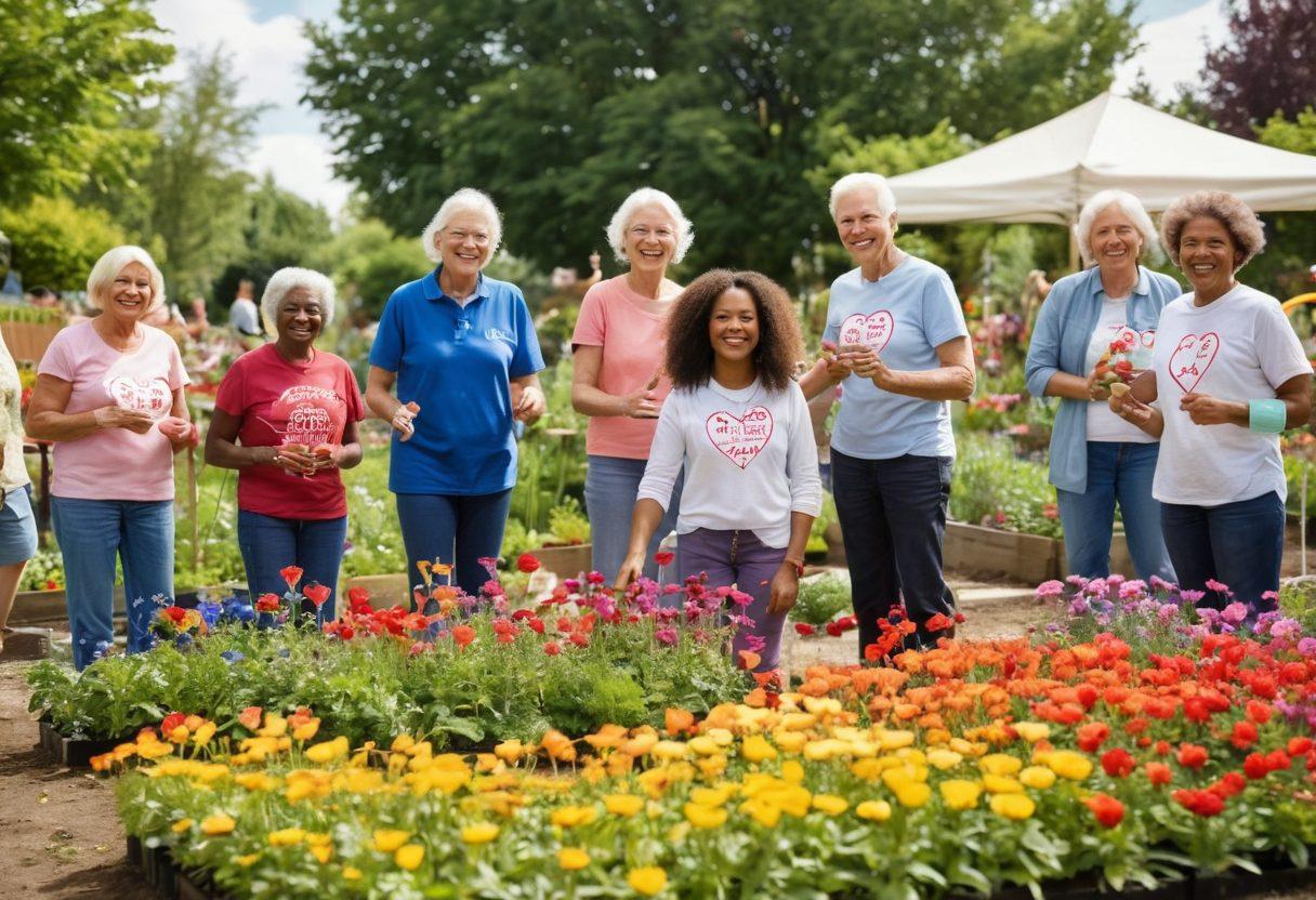 A diverse group of people of different ages joyfully participating in a community garden, surrounded by colorful flowers and healthy plants. In the background, a sunny park with heart-shaped decorations and banners promoting health and wellness. Smiling faces radiate a sense of support and vitality, embodying the spirit of joyful living. Bright colors enhance the liveliness of the scene. vibrant colors. super-realistic.