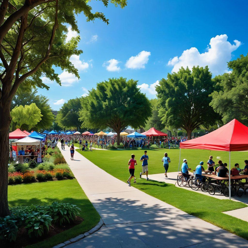 A vibrant community park scene featuring diverse groups of people engaging in outdoor activities such as jogging, yoga, cycling, and playing sports, surrounded by lush greenery representing health and vitality. In the background, heart-healthy food stalls and informational banners promoting emotional wellness can be seen, radiating a sense of happiness and connectivity. The sky is bright blue with a few fluffy clouds, emphasizing a sunny day ideal for active living. super-realistic. vibrant colors. 3D.